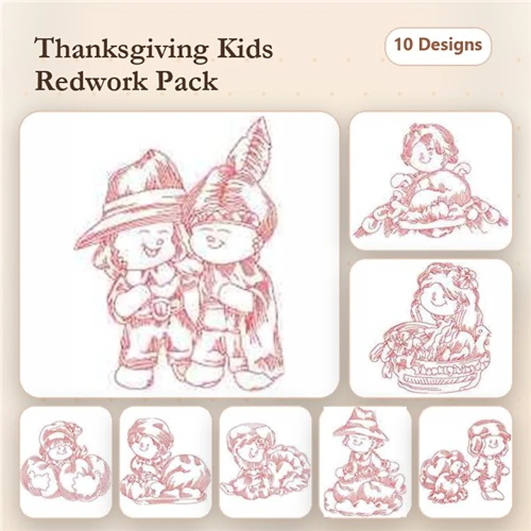 Redwork Thanksgiving Kids Embroidery Designs Bundle – Pilgrim Boy, Native American Girl, Turkey & More (10 Designs)