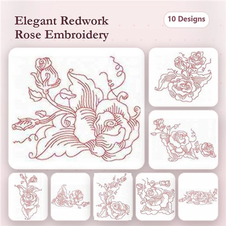 Redwork Rose Embroidery Designs Bundle – Rose Bouquet, Elegant Rose Cluster, Rose and Vine & More (10 Designs)
