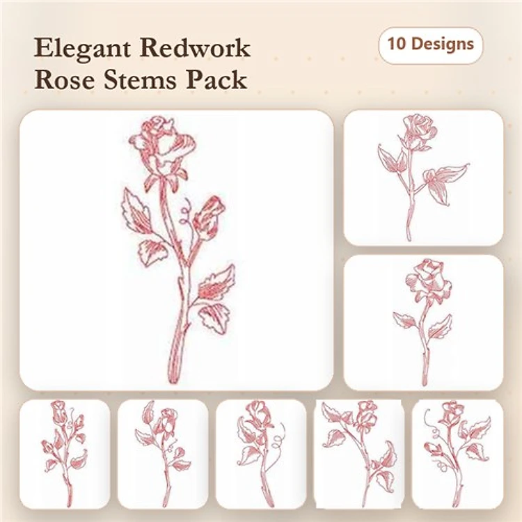 Redwork Rose Stem Embroidery Designs Bundle – Rose Stem with Bud, Elegant Rose Stem, Single Rose Stem & More (10 Designs)