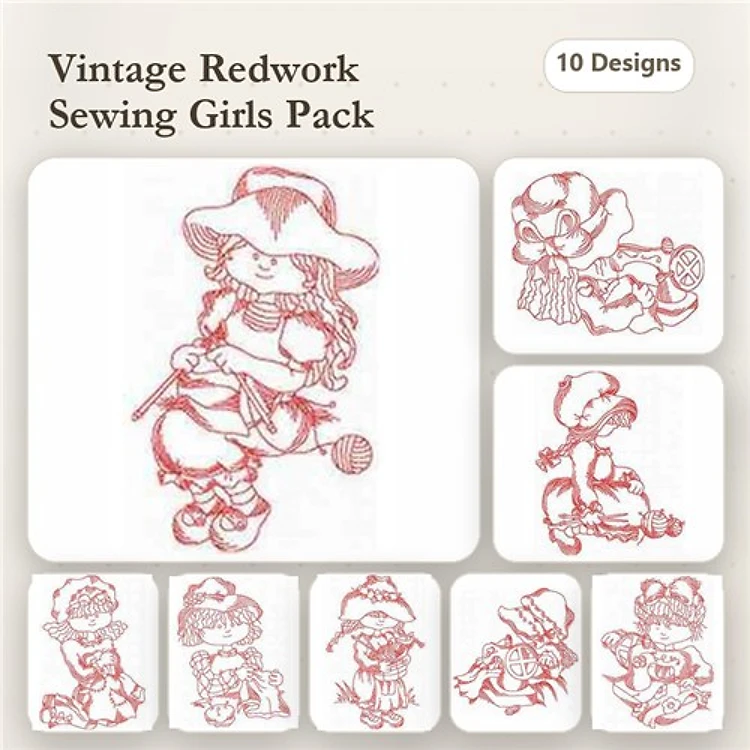 Redwork Vintage Sewing Girls Embroidery Designs Bundle – Sewing Girl with Yarn, Flowers, Scissors & More (10 Designs)