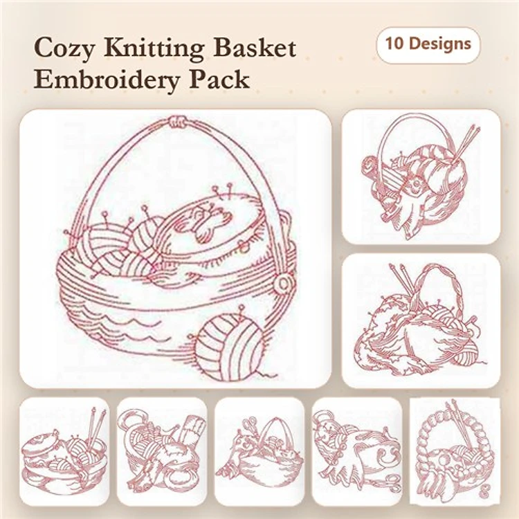 Redwork Knitting Basket Embroidery Designs Bundle – Knitting Basket with Yarn, Yarn Balls with Needles, & More (10 Designs)