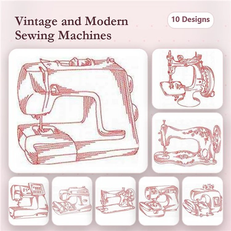 Redwork Sewing Machine Embroidery Designs Bundle – Vintage Sewing Machine, Modern Sewing Machine & More (10 Designs)