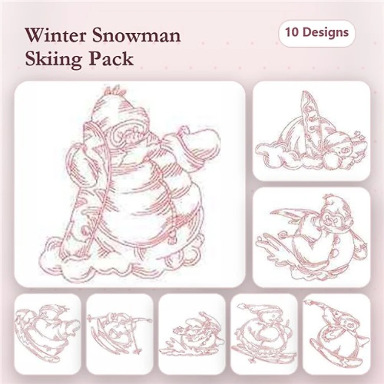 Redwork Skiing Snowmen Embroidery Designs Bundle – Snowman with Skis, Snowman Carrying Skis, & Snowman in Ski Outfit (10 Designs)