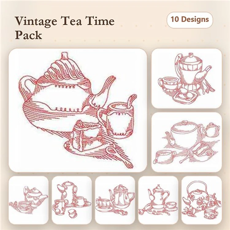 Redwork Vintage Tea Time Embroidery Designs Bundle – Teapot with Cup, Elegant Teapot, Tea Tray with Cups & More (10 Designs)