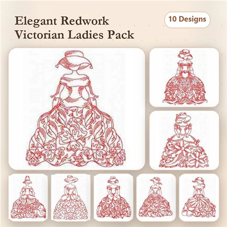 Redwork Victorian Ladies Embroidery Bundle – Lady in Dress, Lady with Bonnet, Lady with Umbrella & More (10 Designs)