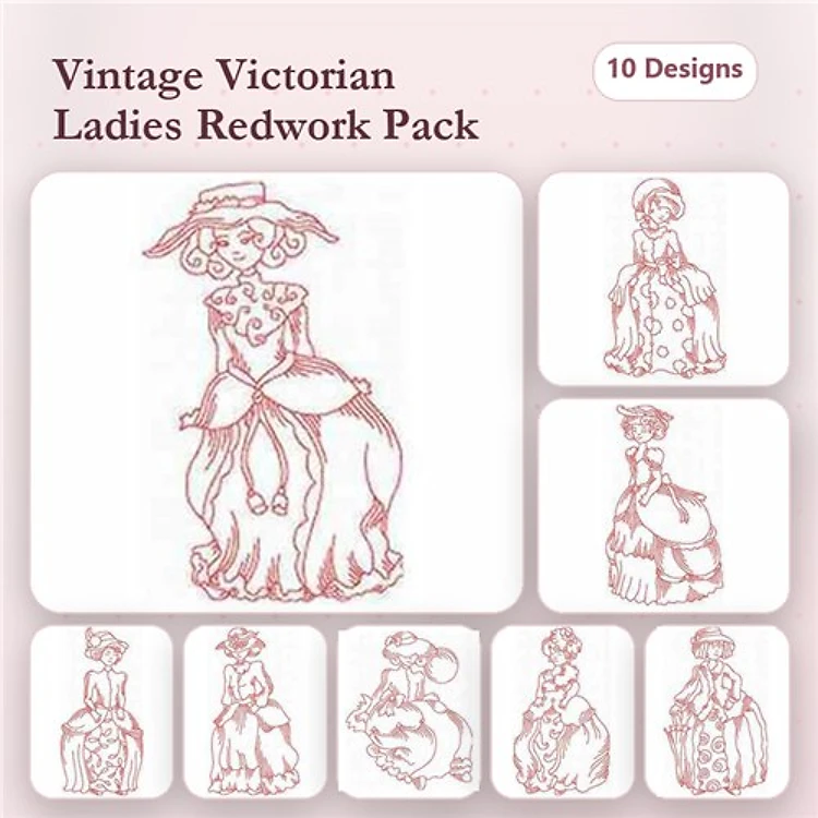 Redwork Vintage Victorian Ladies Embroidery Designs Bundle – Victorian Lady with Hat, Victorian Lady Sitting, & More (10 Designs)
