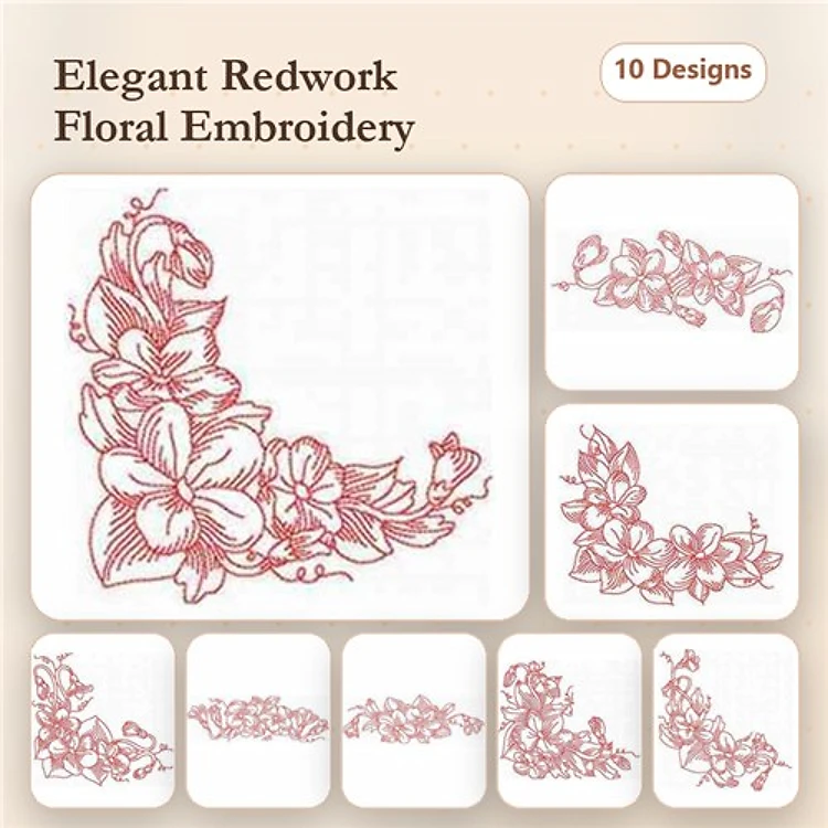 Redwork Elegant Floral Embroidery Designs Bundle – Floral Corner Arrangement, Blooming Branch Design & More (10 Designs)