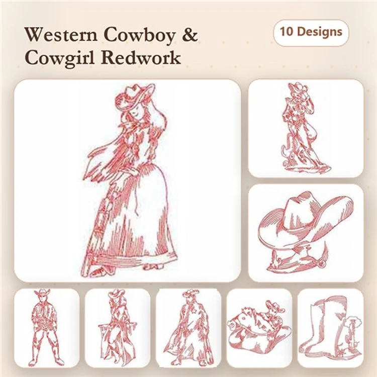 Redwork Western Cowboy and Cowgirl Embroidery Designs Bundle – Cowgirl with Hat, Cowboy with Lasso, & More (10 Designs)