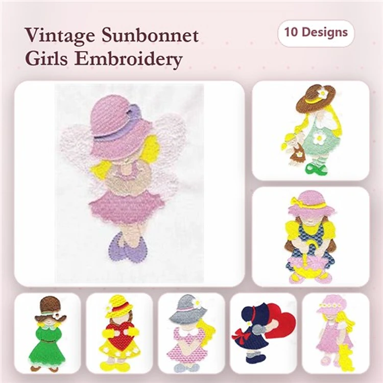 Applique Vintage Sunbonnet Girls Embroidery Designs Bundle – Pink Dress, Yellow Dress, Blue Dress & More (10 Designs)