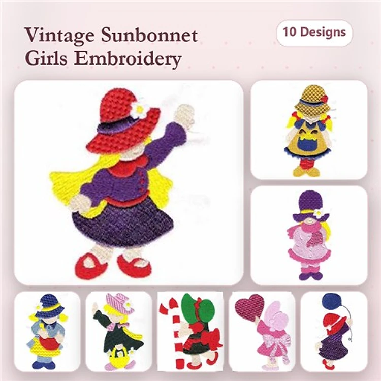 Sunbonnet Girls Embroidery Designs Bundle – Red Hat, Yellow Hat, Flowers & More (10 Designs)