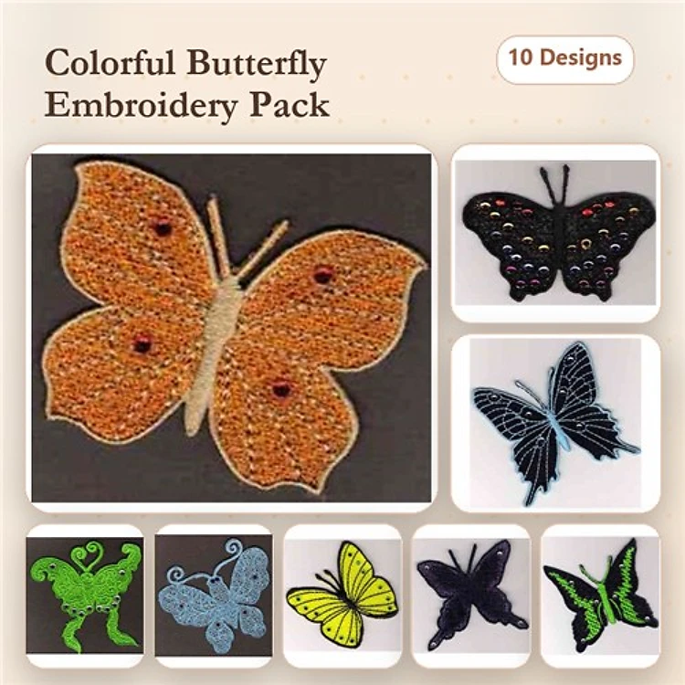 FSL Colorful Butterfly Embroidery Designs Bundle – Orange, Black, Teal, Green & More (10 Designs)