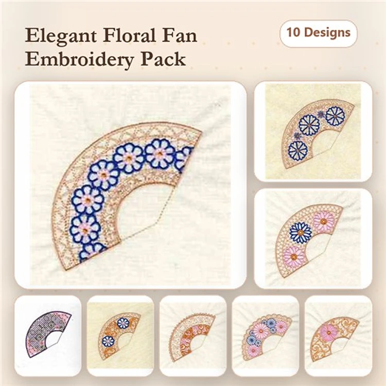 Floral Fan Embroidery Designs Bundle – Blue, Pink, Purple, White Flowers & More (10 Designs)