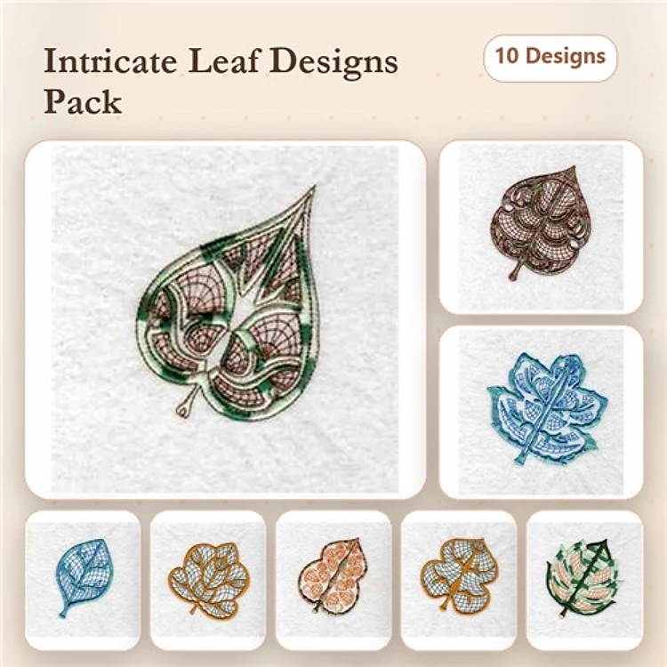 Intricate Leaf Embroidery Designs Bundle – Leaf Design 1, Leaf Design 2, Leaf Design 3 & More (10 Designs)