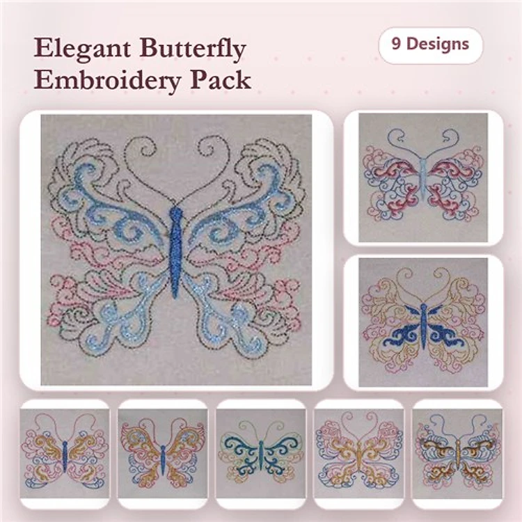 Butterfly Embroidery Designs Bundle – Elegant Butterfly 1, Elegant Butterfly 2, Elegant Butterfly 3 & More (9 Designs)