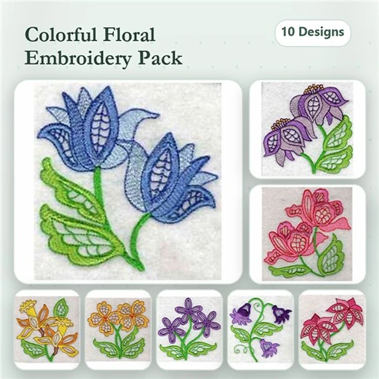 Floral Embroidery Designs Bundle – Blue Flower, Purple Flower, Red Flower & More (10 Designs)