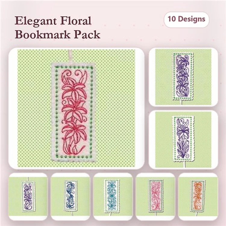 Floral Bookmark Embroidery Designs Bundle – Pink Lily, Purple Floral, Blue Floral & More (10 Designs)