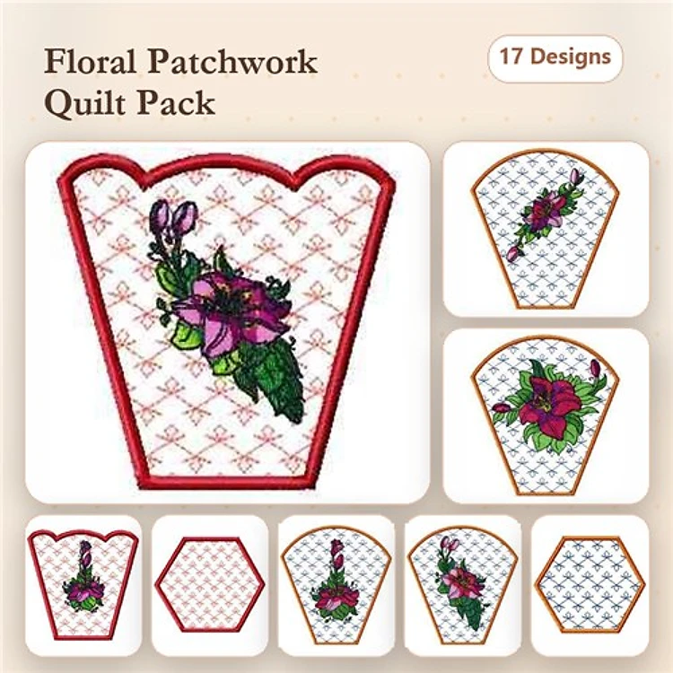 Floral Patchwork Embroidery Designs Bundle – Floral Quilt Square with Purple Flowers, Hexagon Floral Quilt Design & More (17 Designs)