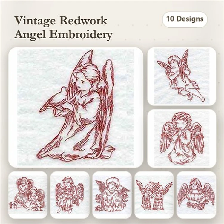 Redwork Vintage Angel Embroidery Designs Bundle – Angel Praying, Angel with Wings, Angel Embracing Child & More (10 Designs)