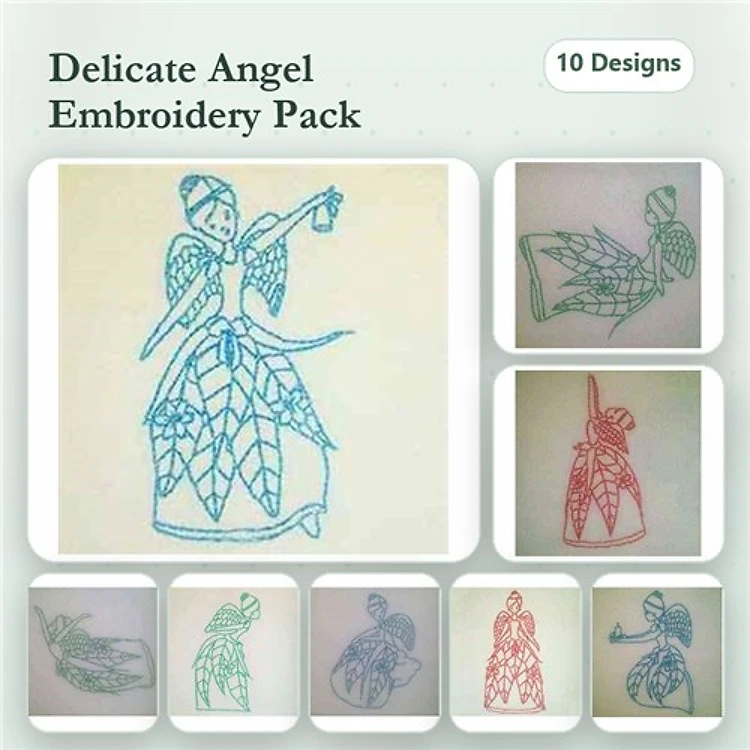 Redwork Delicate Angels Embroidery Designs Bundle – Angel with Harp, Angel with Candle, Sitting Angel & More (10 Designs)