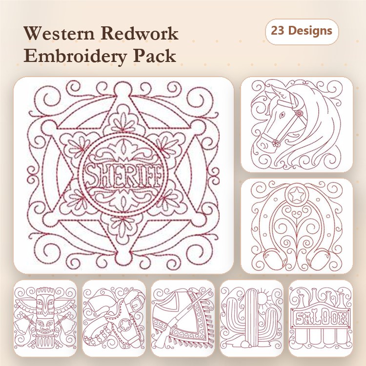 Redwork Western Embroidery Designs Bundle – Sheriff Star, Horse, Owl & More (23 Designs)