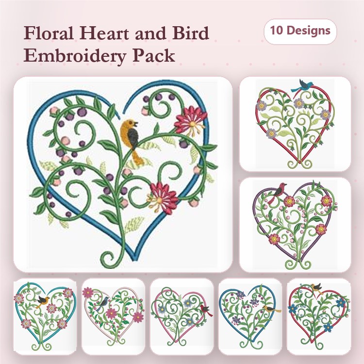 Floral Heart & Bird Embroidery Bundle – Floral Heart with Bird, Heart with Vines and Flowers, & More (10 Designs)