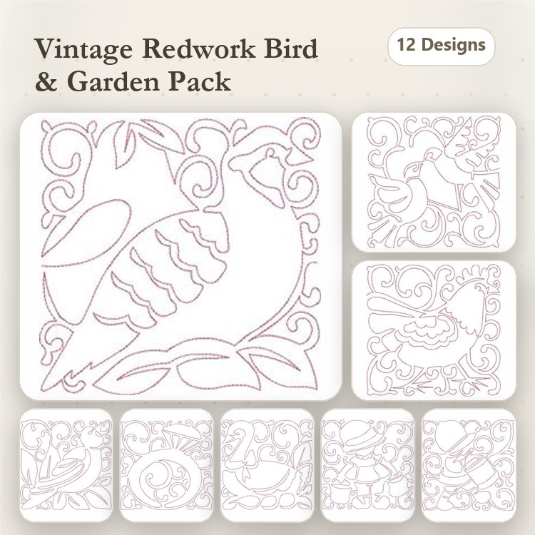 Redwork Vintage Birds & Garden Embroidery Designs Bundle – Bird on Leaf, Floral Bird, Ornate Bird & More (12 Designs)