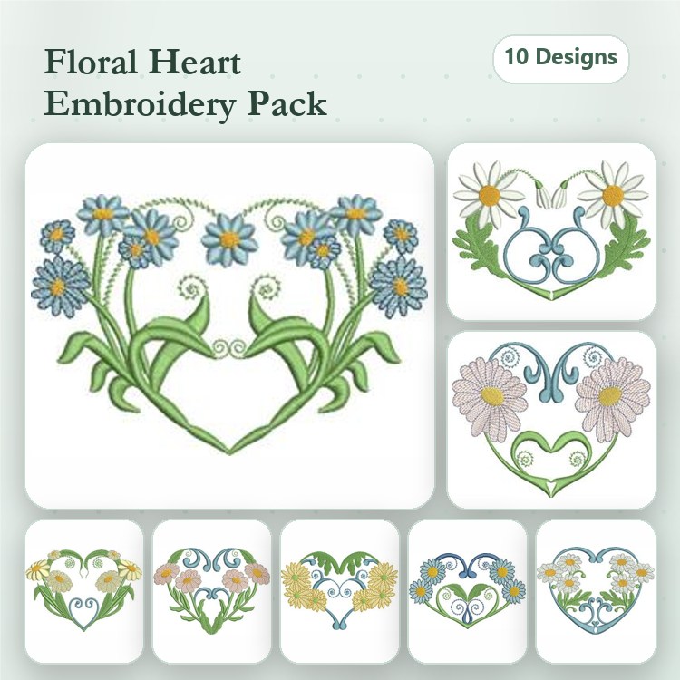 Floral Hearts Embroidery Bundle – Floral Heart with Daisies, Heart with Blue Flowers, & More (10 Designs)