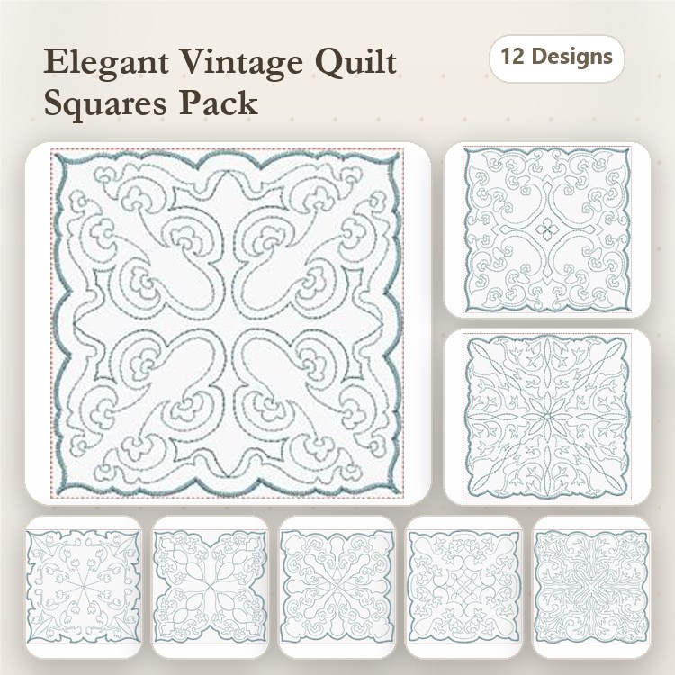 Redwork Vintage Quilt Squares Embroidery Designs Bundle – Floral Square, Geometric Square, Intricate Square & More (12 Designs)