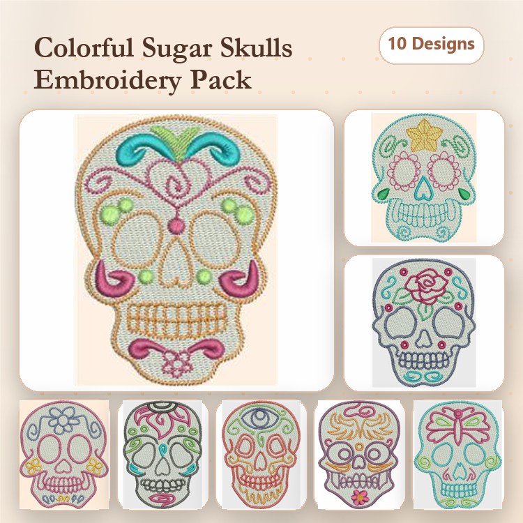 Redwork Colorful Sugar Skulls Embroidery Designs Bundle – Floral Skull, Geometric Patterns, Heart & More (10 Designs)