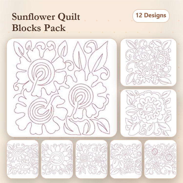 Redwork Sunflower & Floral Embroidery Designs Bundle – Sunflower Block 1, Swirly Floral Design 1, & More (12 Designs)