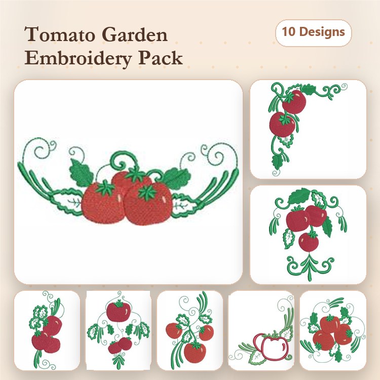 Tomato Garden Embroidery Designs Bundle – Tomato Cluster, Tomato Vine with Leaves, Single Tomato & More (10 Designs)