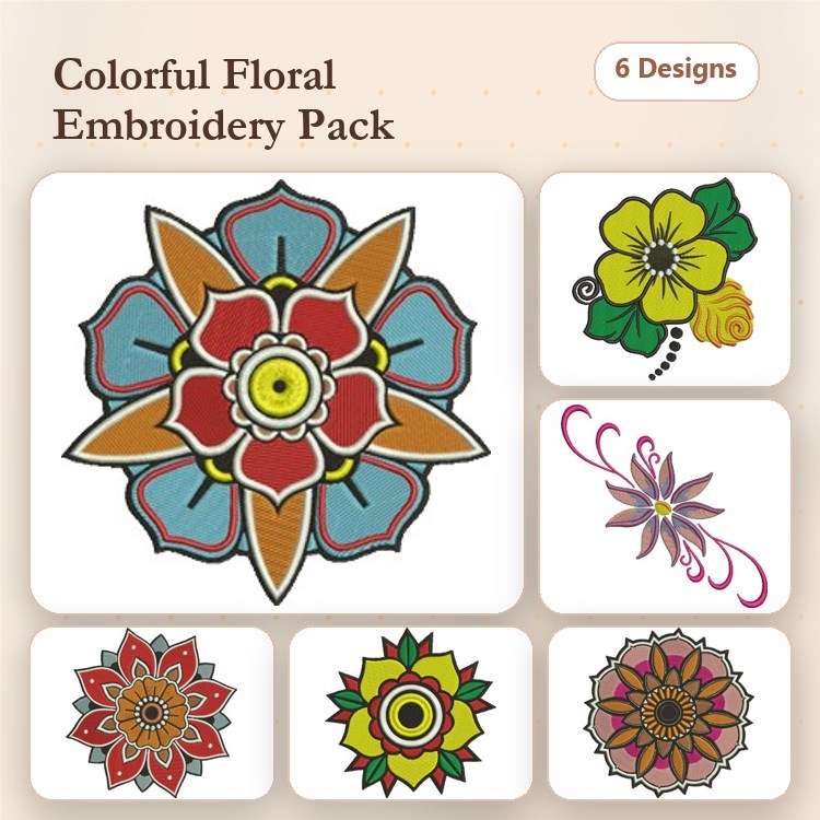 Colorful Floral Embroidery Designs Bundle – Colorful Flower with Blue Petals, Yellow Floral Element, Multi-Layered Floral Mandala & More (6 Designs)