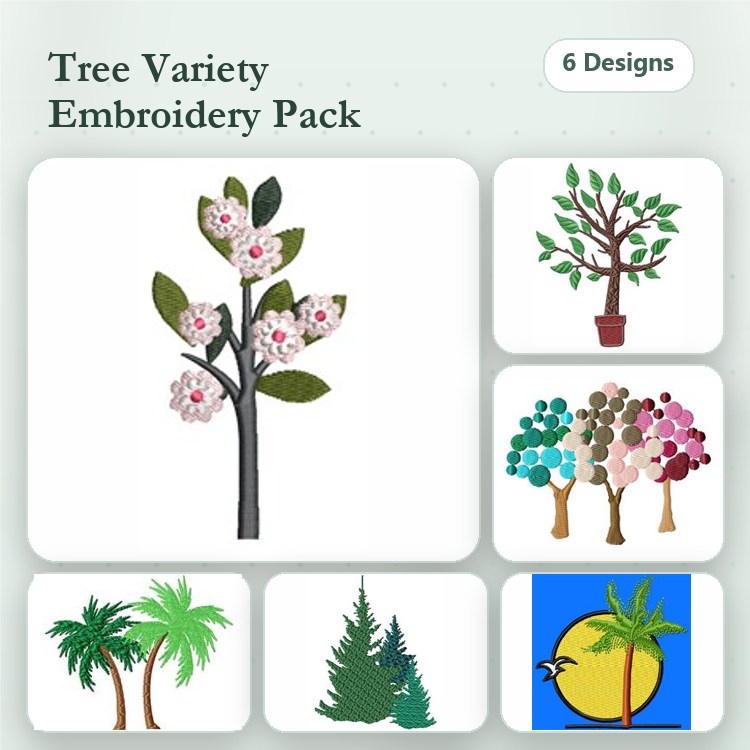 Trees Embroidery Designs Bundle – Flowering Tree, Potted Tree, Colorful Tree & More (6 Designs)
