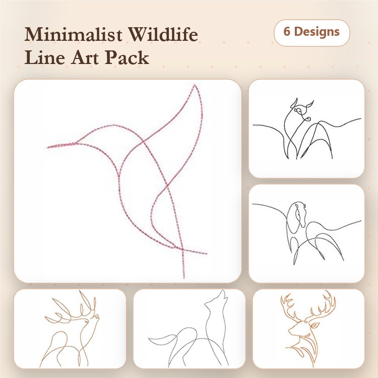 Redwork Minimalist Line Art Embroidery Designs Bundle – Hummingbird, Deer, Fox, Wolf & More (6 Designs)