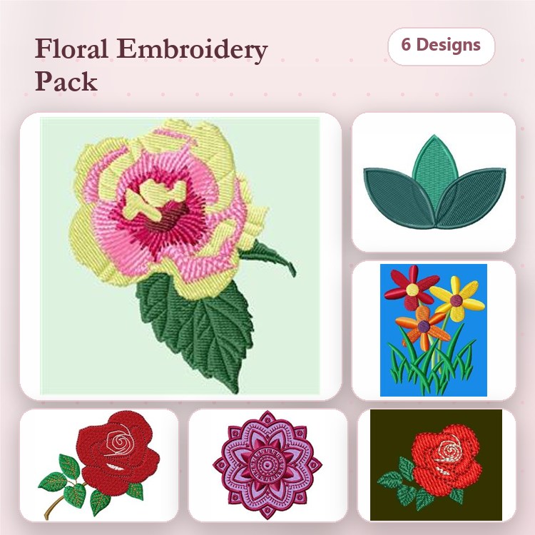 Floral Embroidery Designs Bundle – Peony Flower, Rose, Lotus Leaf & More (6 Designs)