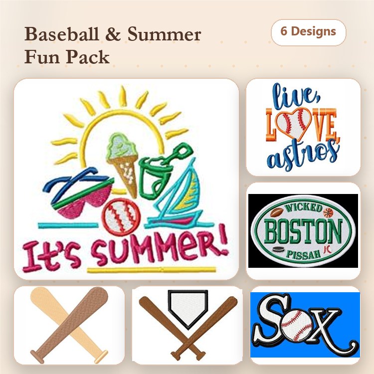 Baseball & Summer Embroidery Designs Bundle – Baseball with Bat, Ice Cream, Sailboat & More (6 Designs)