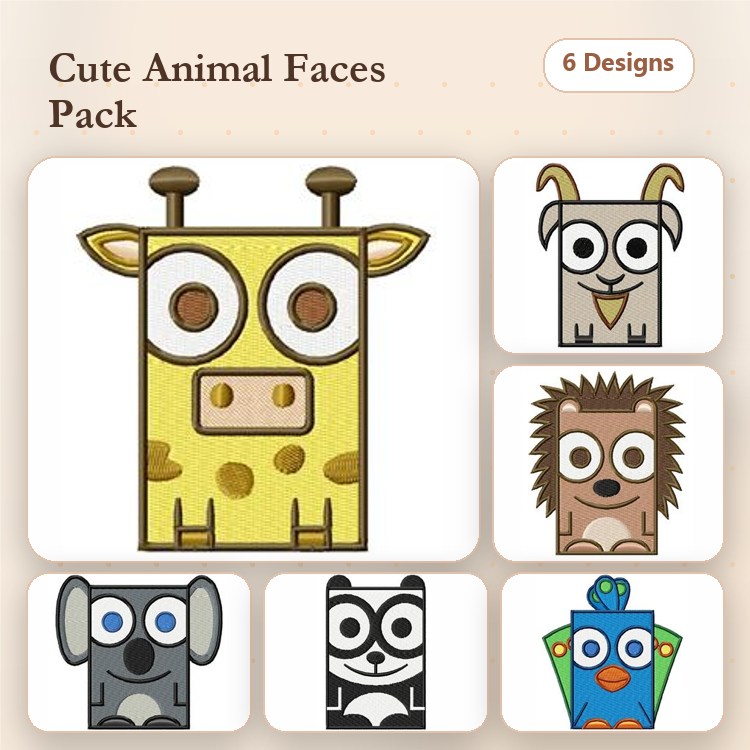 Cute Animal Faces Embroidery Bundle – Giraffe Face, Goat Face, Hedgehog Face & More (6 Designs)