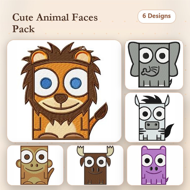 Cute Animal Faces Embroidery Designs Bundle – Lion Face, Elephant Face, Horse Face & More (6 Designs)