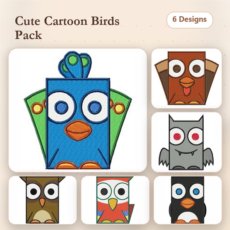 Cute Cartoon Birds Embroidery Designs Bundle – Blue Bird, Brown Bird, Gray Owl & More (6 Designs)