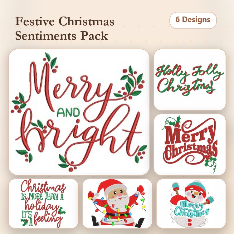 Christmas Sentiments & Santa Embroidery Designs Bundle – Merry and Bright, Holly Jolly Christmas & More (6 Designs)