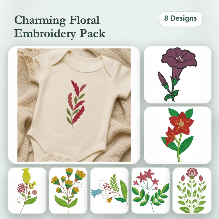 Applique Charming Floral Embroidery Designs Bundle – Red Floral Spray, Purple Flower, Orange Flower & More (8 Designs)
