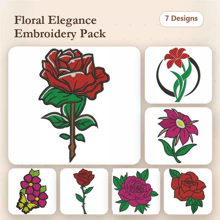 Floral Embroidery Designs Bundle – Red Rose, Pink Flower, Violet Bouquet & More (7 Designs)