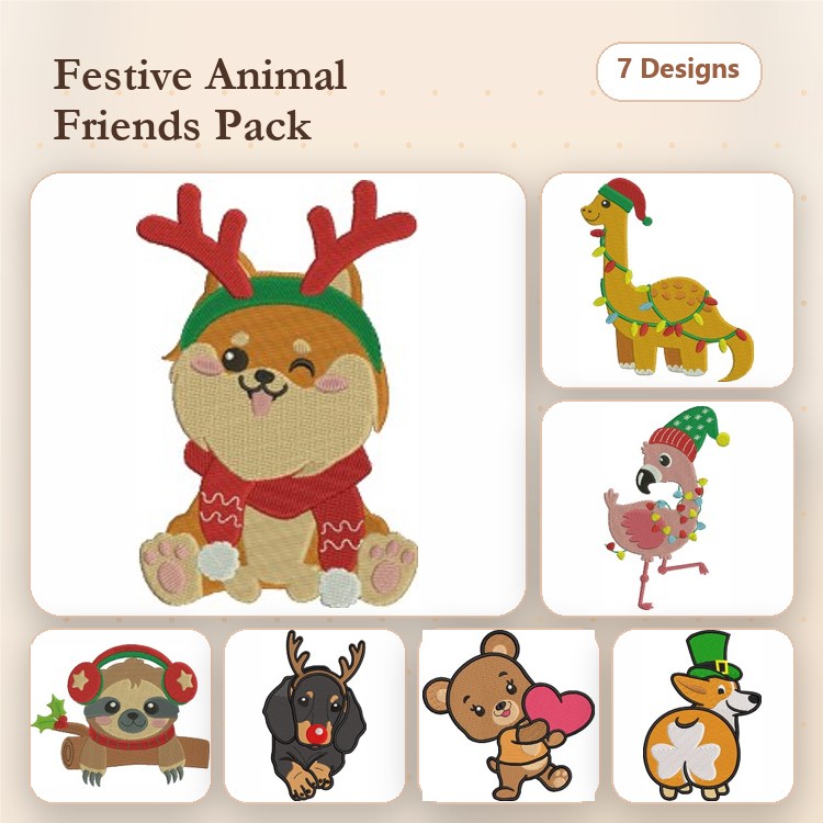 Christmas Animal Embroidery Bundle – Festive Dogs & Cute Creatures (7 Designs)