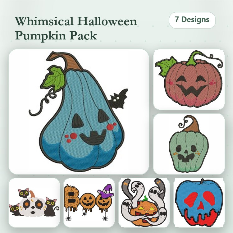 Halloween Pumpkin Embroidery Designs Bundle – Smiling Blue Pumpkin, Jack-o'-Lantern Pumpkin, Owl with Pumpkin & More (7 Designs)