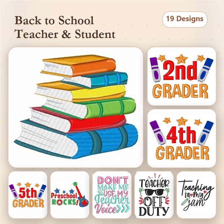 Back to School Embroidery Designs Bundle – Stack of Books, 2nd Grader, Teacher Off Duty & More (19 Designs)