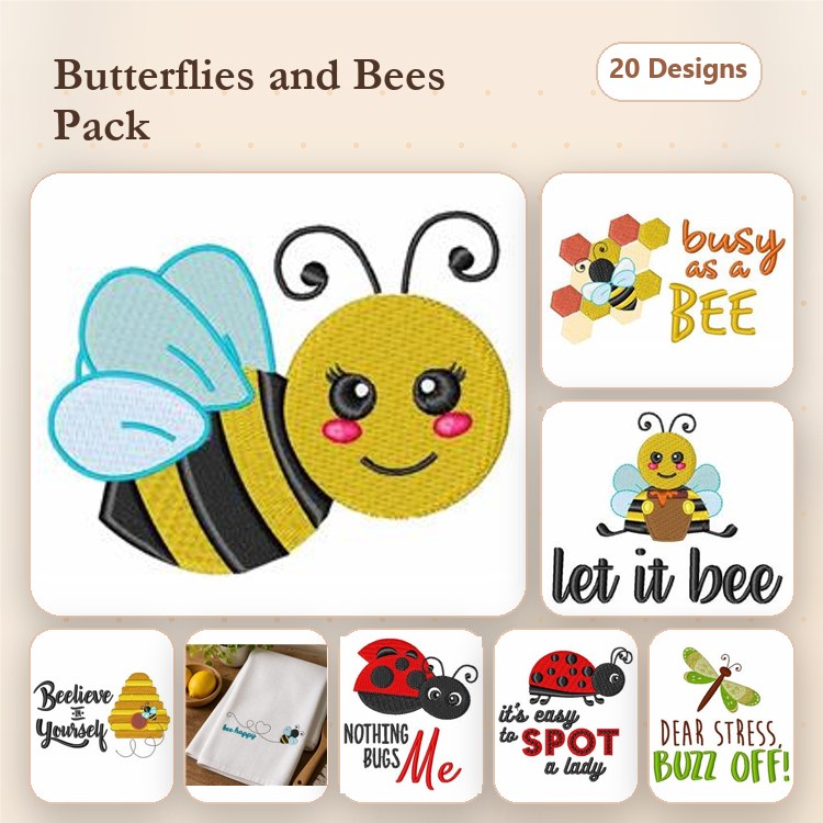 Butterflies & Bees Embroidery Designs Bundle – Bee with Happy Face, Butterfly with Blue Wings, Ladybug & More (20 Designs)