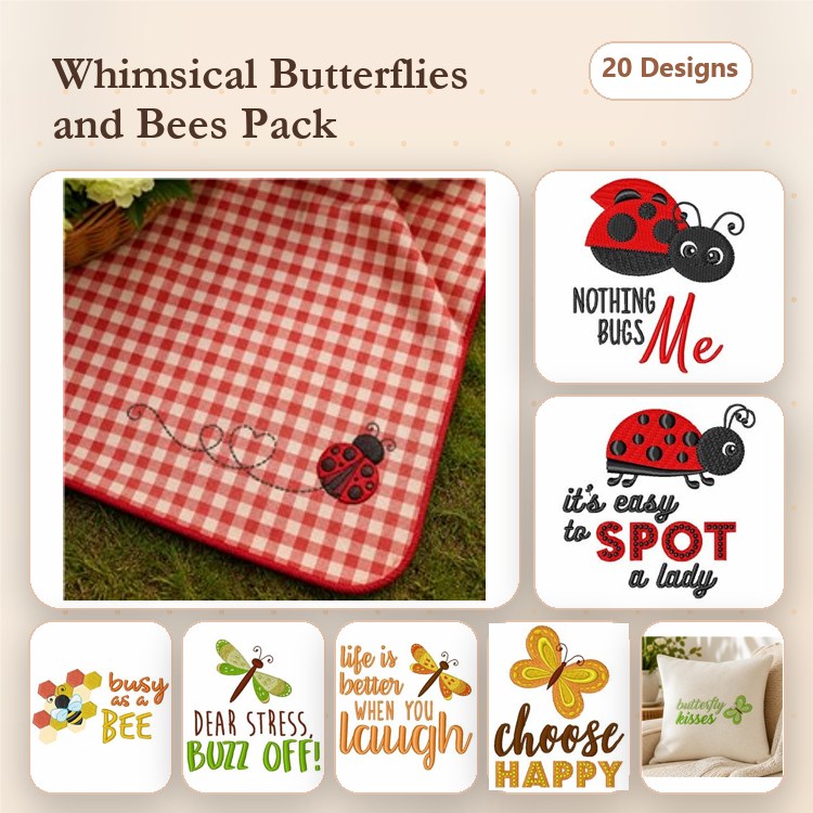 Butterflies & Bees Embroidery Designs Bundle – Ladybug, Butterfly with Text & More (20 Designs)