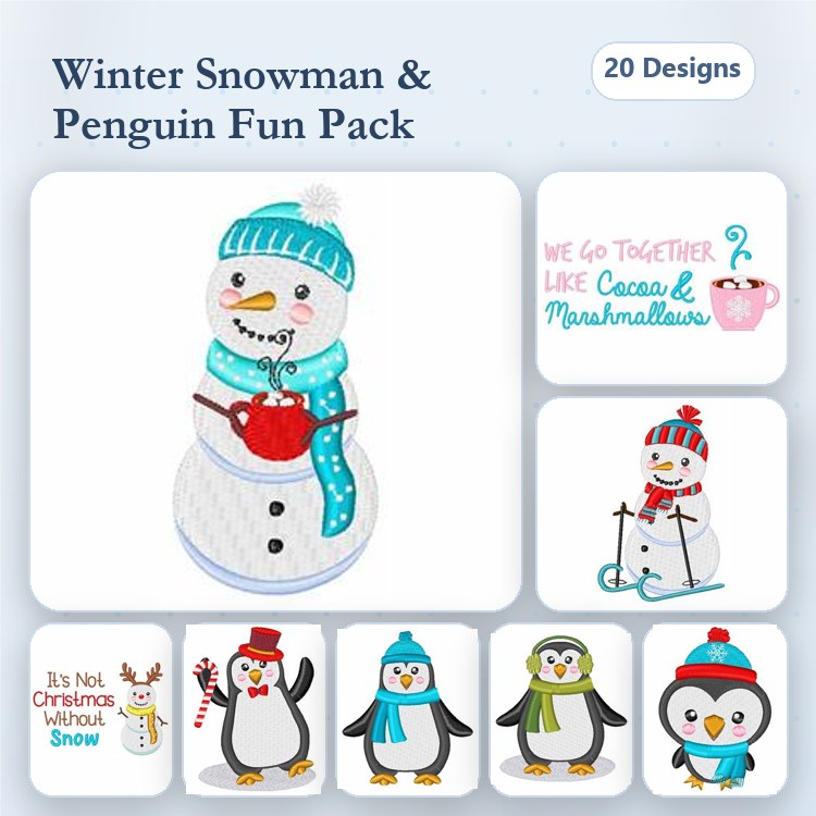 Snowman & Penguin Winter Embroidery Designs Bundle – Cheerful Snowman, Playful Penguins & More (20 Designs)
