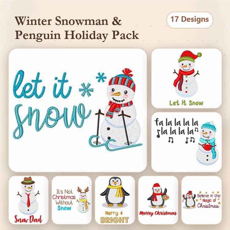 Snowman & Penguin Embroidery Designs Bundle – Snow Dad, Let It Snow, Merry & Bright & More (17 Designs)