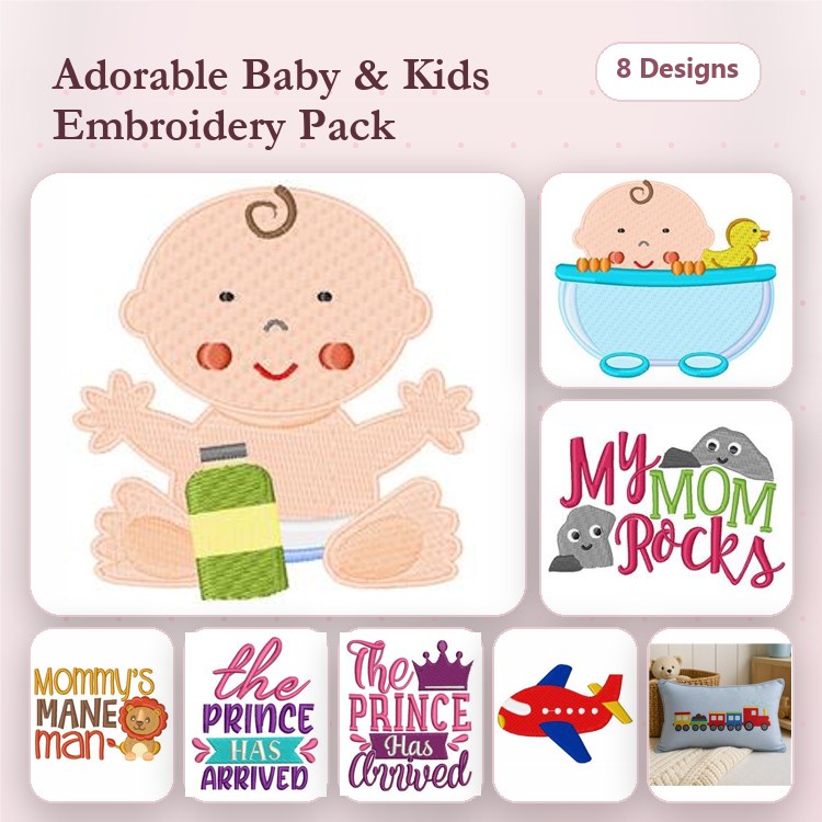 Applique Adorable Baby Embroidery Bundle – Baby in Bathtub, Happy Baby with Bottle, My Mom Rocks & More (8 Designs)